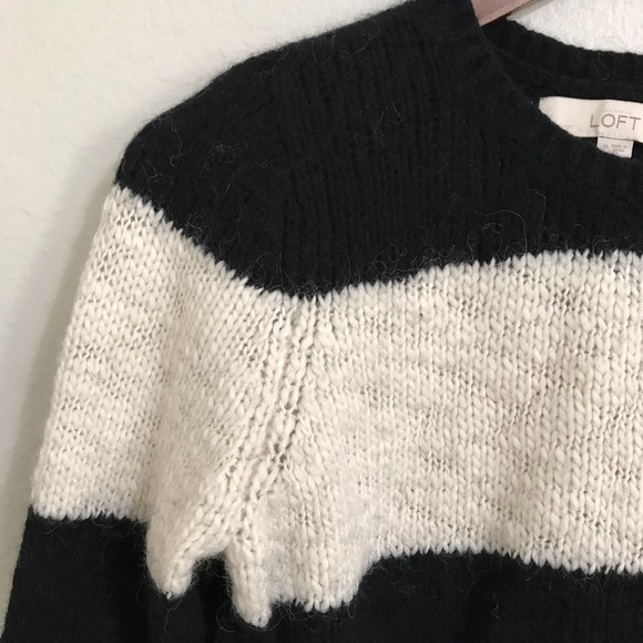 Loft Black Cream Stripe Crew Neck Cotton Wool Knit Blend Sweater Size S/M - Picture 4 of 11